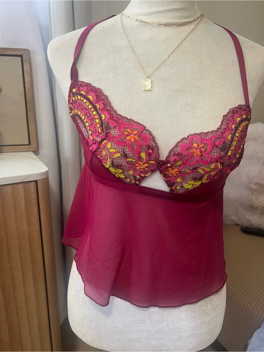 Adore Me Fuchsia Floral Lace Babydoll with matching bottom